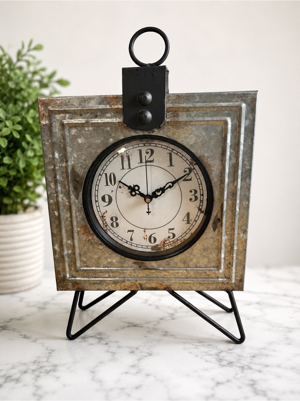 Rustic Industrial Galvanized Metal Tabletop Clock Farmhouse Decor